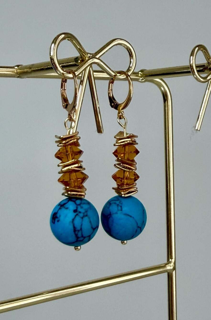 Handmade by Fynn Gold-Tone Turquoise Howlite and Amber Crystal Dangle Earrings - Picture 3 of 6
